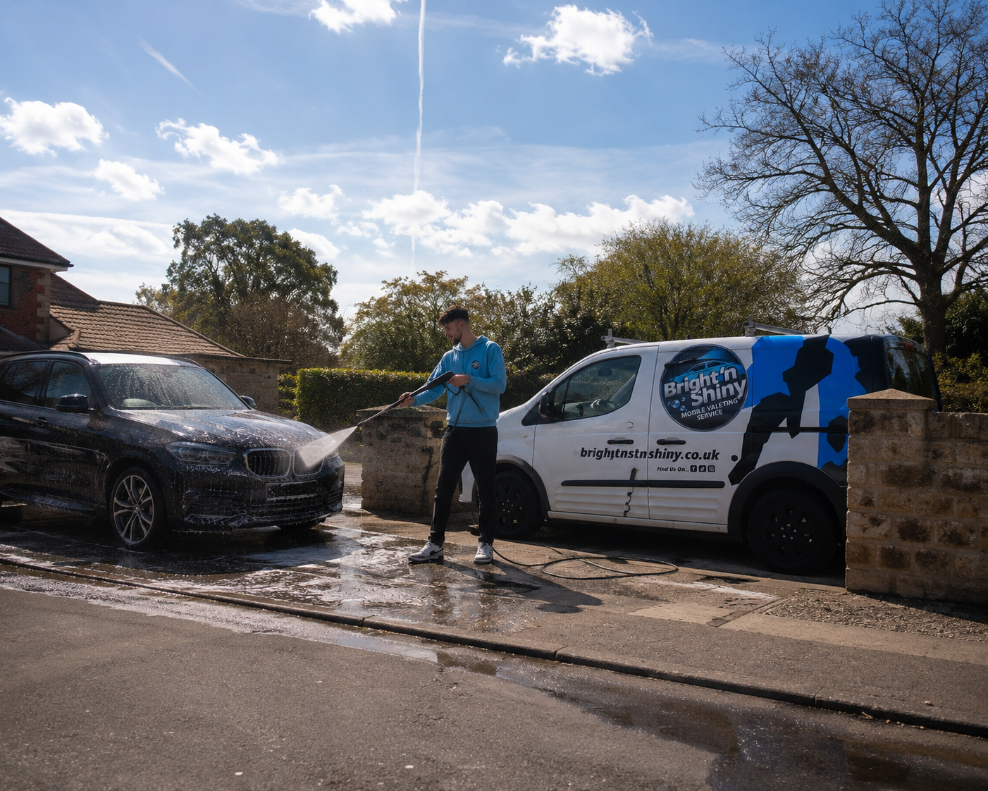 A mobile valeter pressure-washing a dark car beside a branded Bright'n Shiny van on a sunny residential street